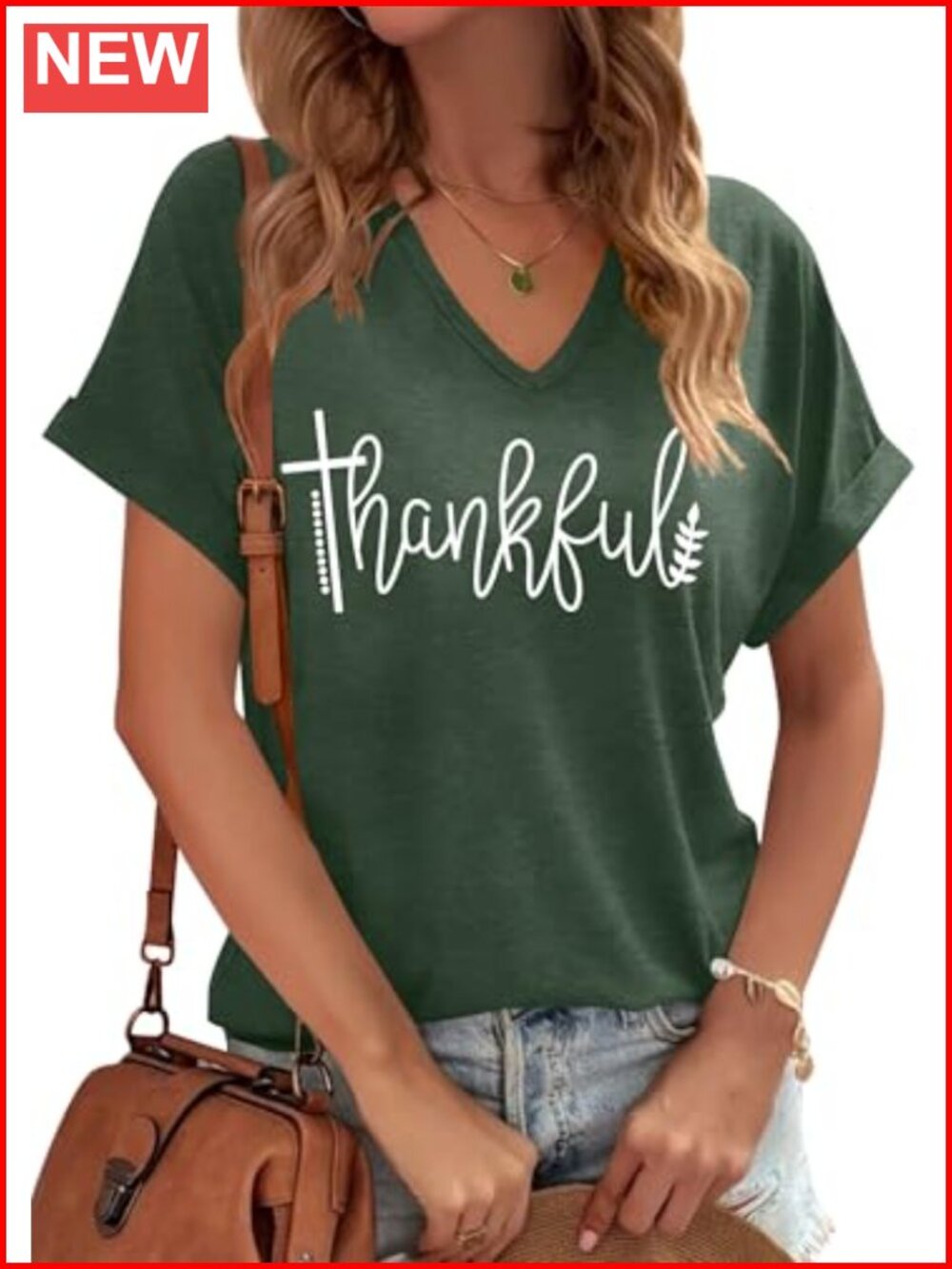 Women's Thankful V-Neck Short Sleeve Tee Thanksgiving Top